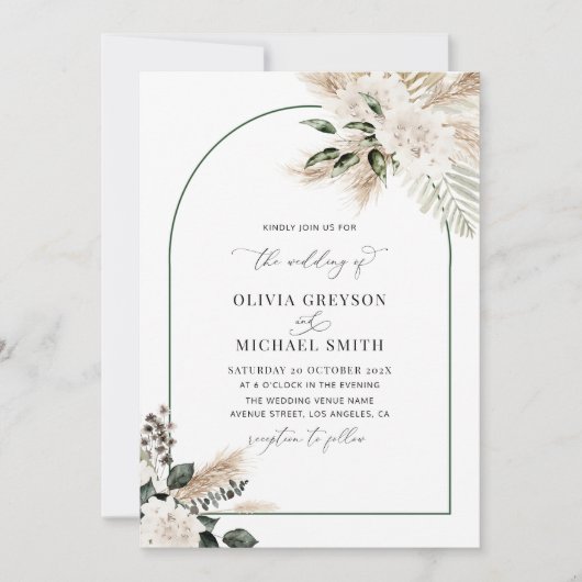 Trendy Arch Pampas Greenery bruiloft uitnodiging (Voorkant)