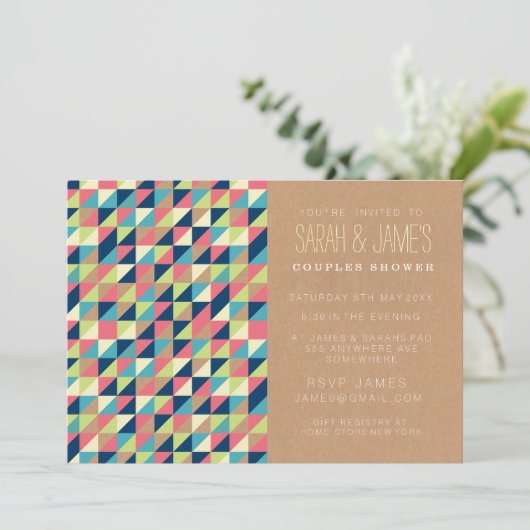 Trendy Aztec Triangles Couples Shower Party Invite Kaart (Staand voorkant)