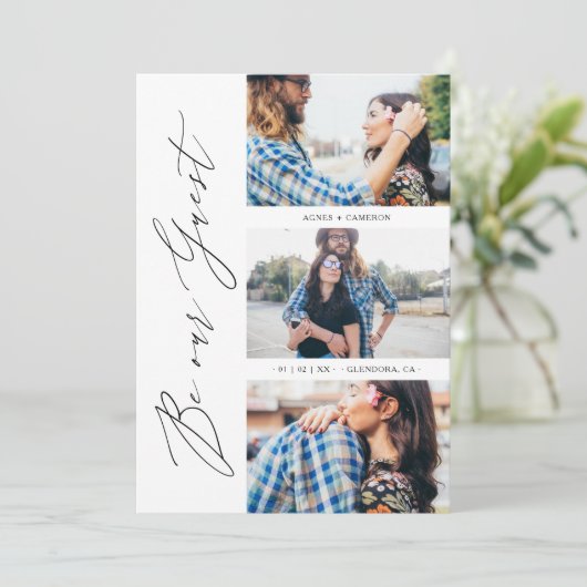 Trendy Be our Guest Chic Romantic 3 Photos Wedding Save The Date (Staand voorkant)