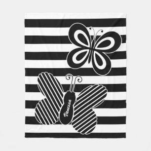 Trendy Black and White Butterfly Stripes met naam Fleece Deken
