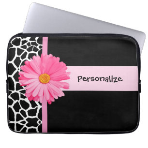 Trendy Black and White Giraffe Pink Daisy and Name Laptop Sleeve