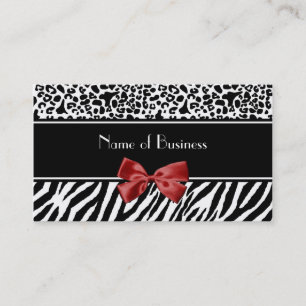 Trendy Black and White Leopard Zebra Red Ribbon Visitekaartje