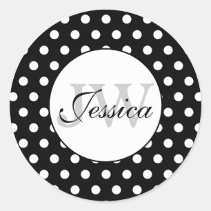 Trendy Black and White polka stips Monogram Ronde Sticker