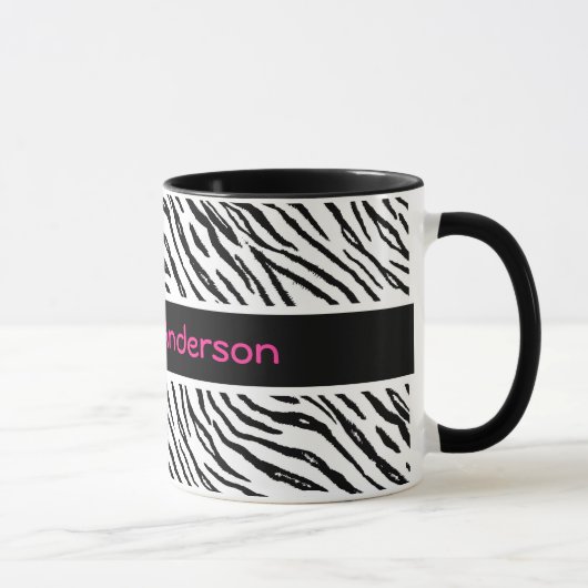 Trendy Black and White Tiger Stripes Pink Name Mok (Rechts)