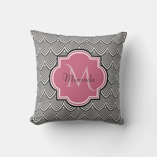 Trendy Black Arched Scallops Roze Monogram Naam Kussen (Voorkant)
