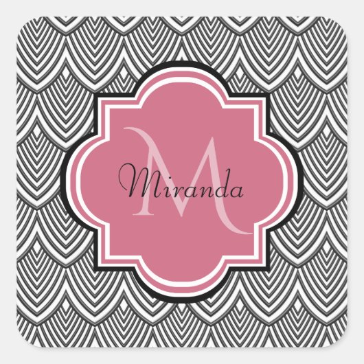 Trendy Black Arched Scallops Roze Monogram Naam Vierkante Sticker (Voorkant)