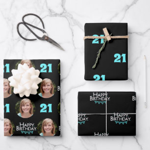 Trendy Black Blauwgroen Foto Collage 21st Birthday Inpakpapier Vel