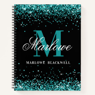 Trendy Black Blauwgroen Monogram Glitter Notitieboek