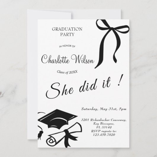 Trendy Black Bow Graduation Party Invitation (Devant)