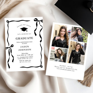 Trendy Black Bow Ribbon 4 PHOTO Graduation Party Kaart