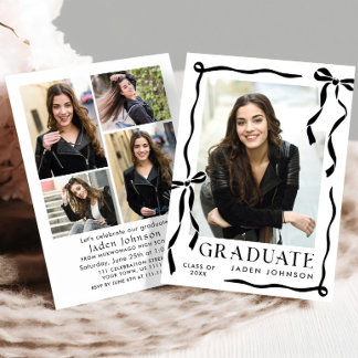 Trendy Black Bow Ribbon 5 PHOTO Graduation Party Kaart