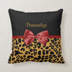 Trendy Black en Gold Leopard Print Red Ribbon Bow Kussen