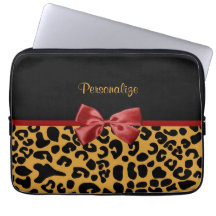 Trendy Black en Gold Leopard Print Red Ribbon Bow