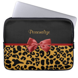 Trendy Black en Gold Leopard Print Red Ribbon Bow Laptop Sleeve