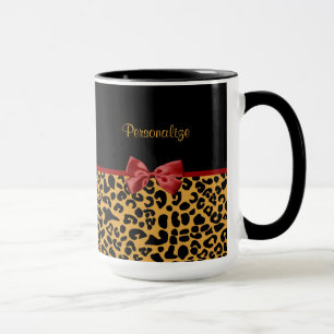 Trendy Black en Gold Leopard Print Red Ribbon Bow Mok