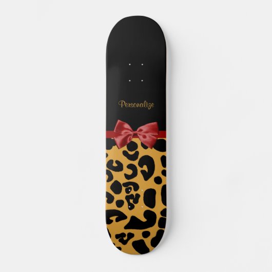 Trendy Black en Gold Leopard Print Red Ribbon Bow Skateboard (Voorkant)
