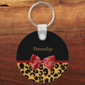 Trendy Black en Gold Leopard Print Red Ribbon Bow Sleutelhanger (Voorkant)
