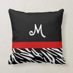 Trendy Black en Red Zebra Stripe Monogram Kussens