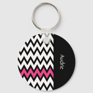 Trendy Black en White Chevron Pink met naam Sleutelhanger
