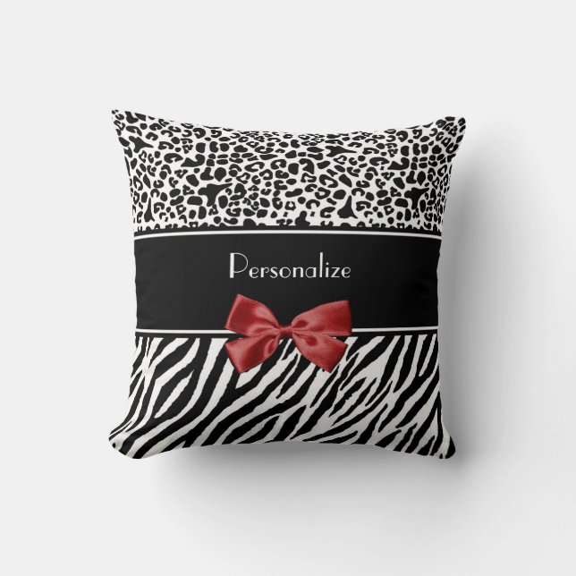 Trendy Black en White Leopard Zebra Print Red Bow Kussen (Voorkant)