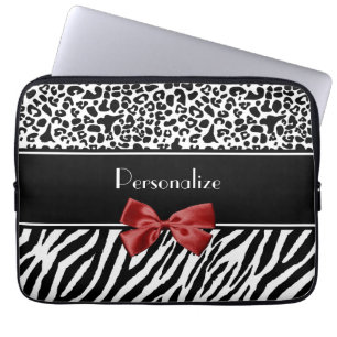 Trendy Black en White Leopard Zebra Print Red Bow Laptop Sleeve