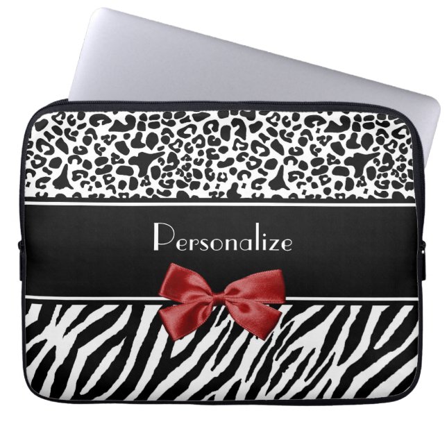 Trendy Black en White Leopard Zebra Print Red Bow Laptop Sleeve (Voorkant)