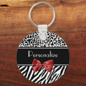 Trendy Black en White Leopard Zebra Print Red Bow Sleutelhanger (Voorkant)
