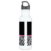 Trendy Black en White Zebra print roze lint Waterfles (Achterkant)
