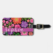 Trendy Black Floral Pattern met Custom Monogram Bagagelabel (Voorkant horizontaal)