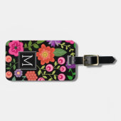Trendy Black Floral Pattern met Custom Monogram Bagagelabel (Voorkant horizontaal)
