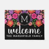 Trendy Black Floral Pattern met Custom Monogram Deurmat (Voorkant)