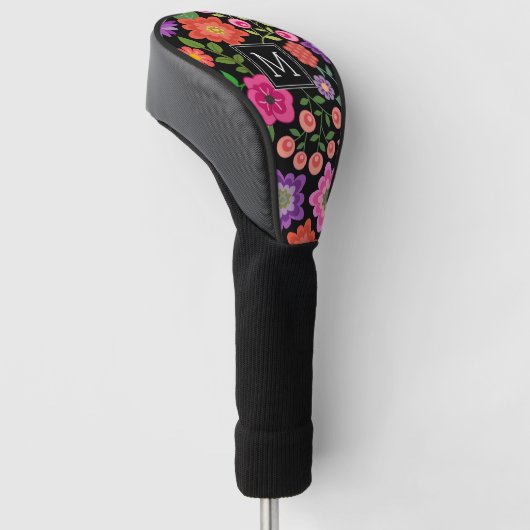 Trendy Black Floral Pattern met Custom Monogram Golfheadcover (Schuin)