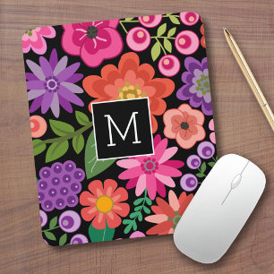 Trendy Black Floral Pattern met Custom Monogram Muismat