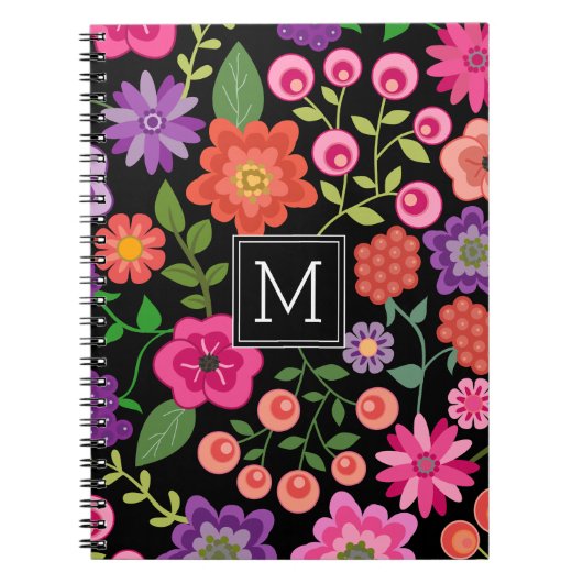 Trendy Black Floral Pattern met Custom Monogram Notitieboek (Voorkant)