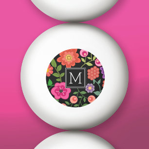Trendy Black Floral Pattern met Custom Monogram Pingpongballen