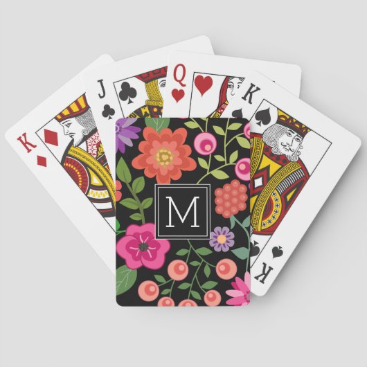 Trendy Black Floral Pattern met Custom Monogram Speelkaarten (Achterkant)