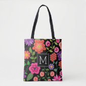 Trendy Black Floral Pattern met Custom Monogram Tote Bag (Voorkant)