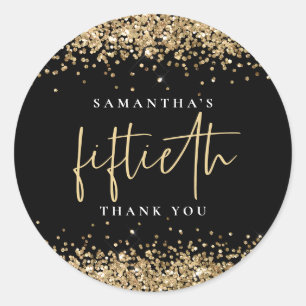 Trendy Black Gold Glitter Name Fiftieth Hartelijk  Ronde Sticker