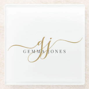 Trendy Black Gold Monogram Initiaal Script Name Glazen Onderzetter