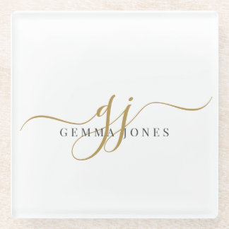 Trendy Black Gold Monogram Initiaal Script Name Glazen Onderzetter