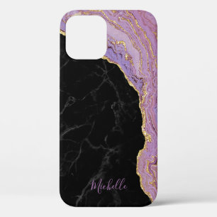 Trendy Black Marble Paars & Gold Agate met naam iPhone 12 Hoesje