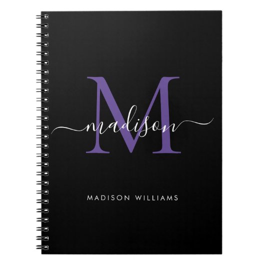 Trendy Black Paars Violet Monogram Script Name Notitieboek (Voorkant)