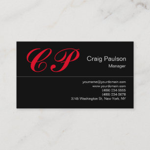 Trendy Black Red Script Monogram Visitekaartje