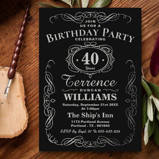 Trendy Black & Silver Typography Birthday Party Kaart