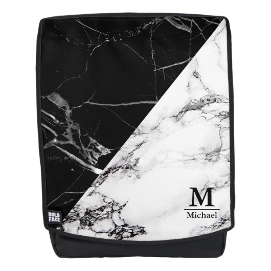 Trendy Black White Marble Texture Monogram Name Rugtassen (Voorkant)