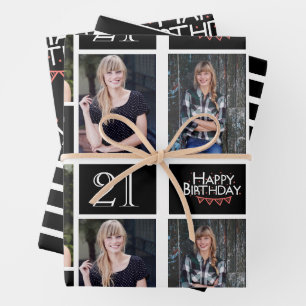 Trendy Black White Photo Collage 21st Birthday Inpakpapier Vel