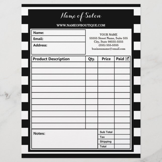 Trendy Black White Stripes Hair Salon Order Forms (Voorkant)