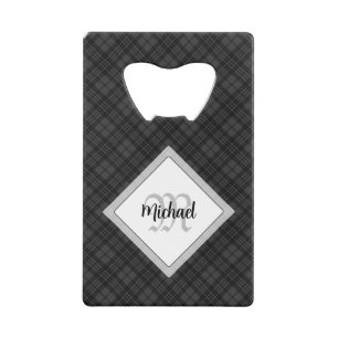 Trendy Black white tartan Personaliseer Monogram Kredietkaart Flessenopener