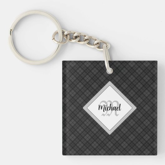 Trendy Black white tartan Personaliseer Monogram Sleutelhanger (voorkant)