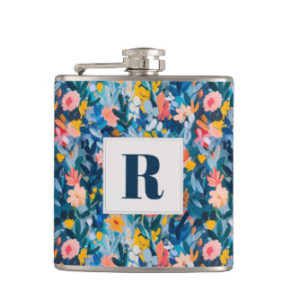 Trendy Blauw en Roze Abstract Botanisch Monogram Heupfles